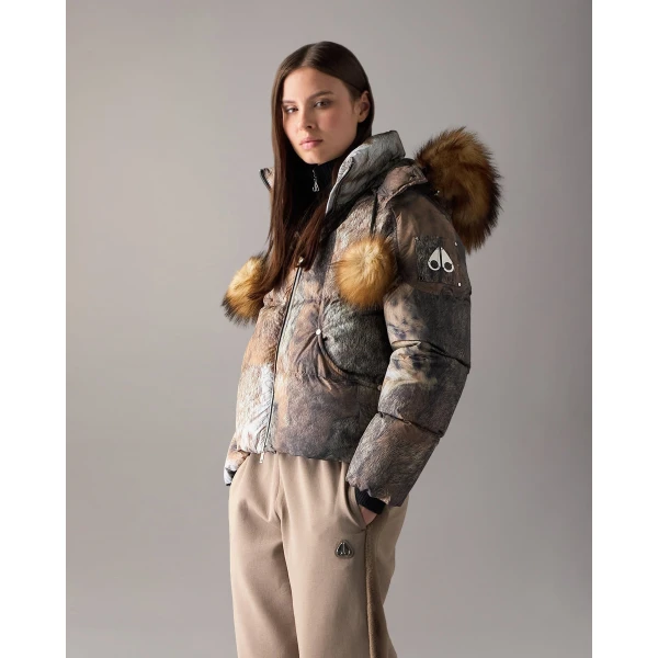 Moose Knuckles Everest Hooded Fur-Print Down Puffer in Wild and Gold | Jackets | Coveti