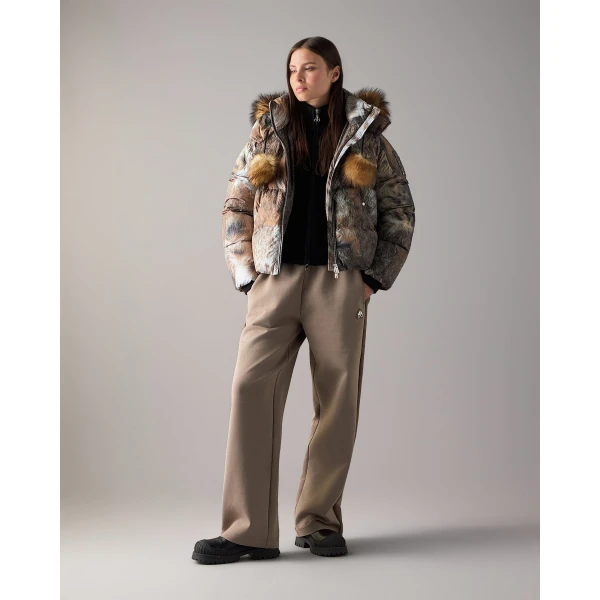 Moose Knuckles Everest Hooded Fur-Print Down Puffer in Wild and Gold | Jackets | Coveti