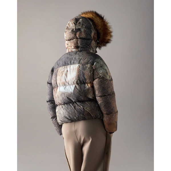 Moose Knuckles Everest Hooded Fur-Print Down Puffer in Wild and Gold | Jackets | Coveti