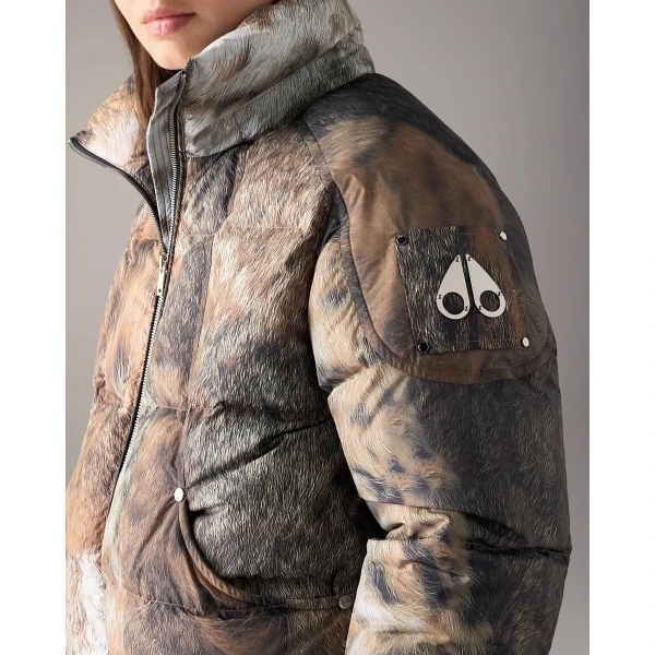 Moose Knuckles Everest Hooded Fur-Print Down Puffer in Wild and Gold | Jackets | Coveti