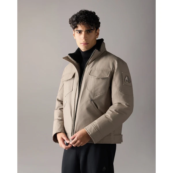 Moose Knuckles Falcon Down Trucker Jacket in Ashen and Black | Men Jackets | Coveti