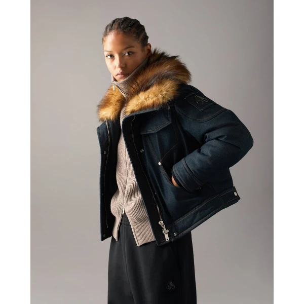 Moose Knuckles Frontier Denim & Down Trucker Jacket in Denim | Denim | Coveti