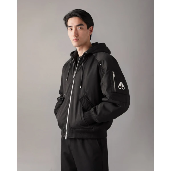 Moose Knuckles Georgie Satin Bomber Jacket in Black | Men Jackets | Coveti