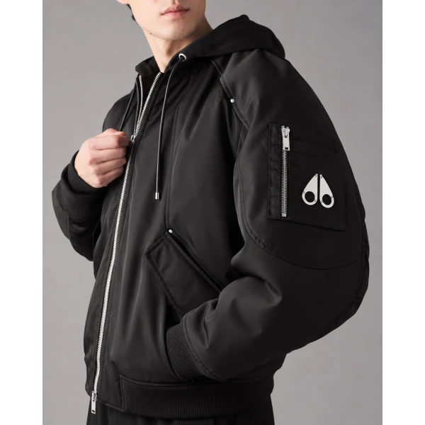 Moose Knuckles Georgie Satin Bomber Jacket in Black | Men Jackets | Coveti