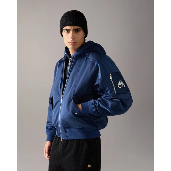 Moose Knuckles Georgie Satin Bomber Jacket in Nightfall | Men Jackets | Coveti