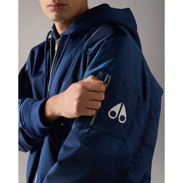 Moose Knuckles Georgie Satin Bomber Jacket in Nightfall | Men Jackets | Coveti