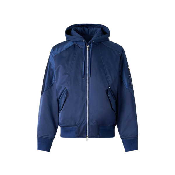 Moose Knuckles Georgie Satin Bomber Jacket in Nightfall | Coveti