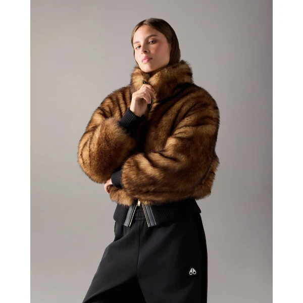 Moose Knuckles Jill Faux Fur Bomber in Gold Cross | Jackets | Coveti