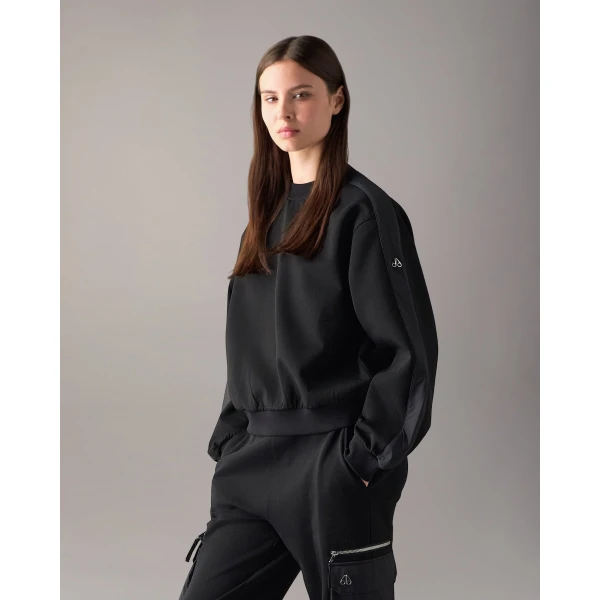 Moose Knuckles Mixed Media Crewneck Sweatshirt in Black | Long Sleeve | Coveti