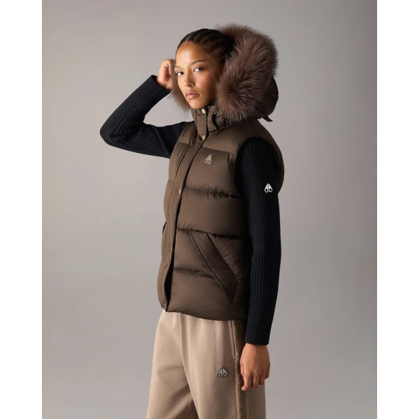 Moose Knuckles Northbound Fox Fur & Down Vest in Espresso | Vests | Coveti