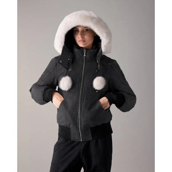 Moose Knuckles Original Debbie Down Bomber in Black and Natural | Jackets | Coveti