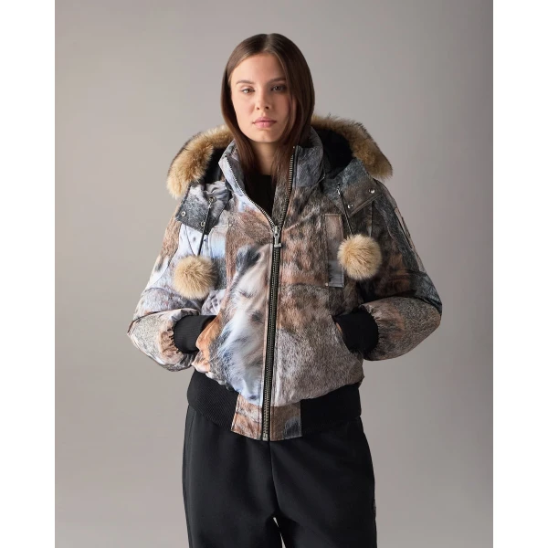Moose Knuckles Original Debbie Down Bomber in Wild Print and Bronze | Jackets | Coveti