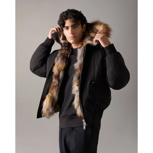 Moose Knuckles Pioneer Down & Fur Bomber in Black | Men Jackets | Coveti