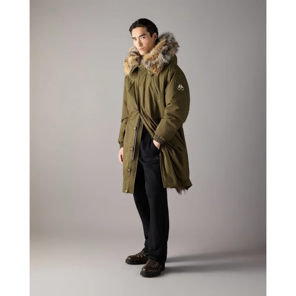 Moose Knuckles Pioneer Fur & Down Parka in Combat | Men Coats | Coveti