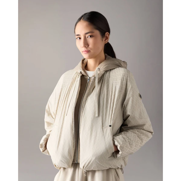 Moose Knuckles Tegan Down Bomber Jacket in Alabaster Monogram | Jackets | Coveti