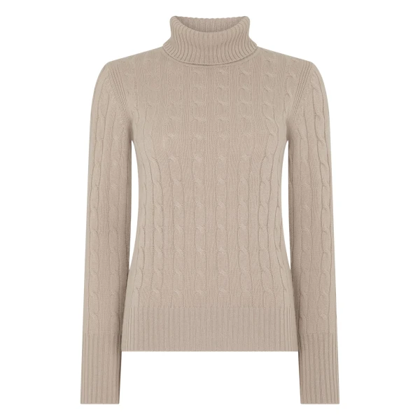 N.Peal Adelyn Cable Roll Cashmere Jumper in Cashew Brown | Turtlenecks | Coveti