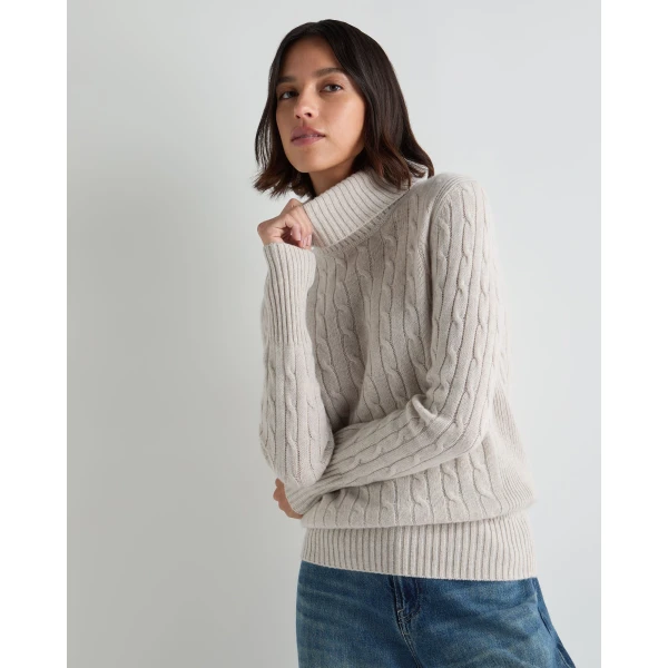 N.Peal Adelyn Cable Roll Cashmere Jumper in Pebble Grey