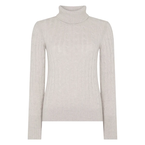 N.Peal Adelyn Cable Roll Cashmere Jumper in Pebble Grey | Turtlenecks | Coveti