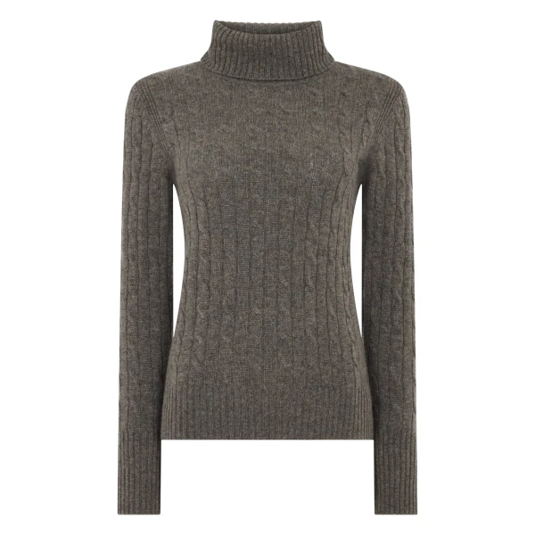 N.Peal Adelyn Cable Roll Cashmere Jumper in Wood Smoke Brown | Turtlenecks | Coveti
