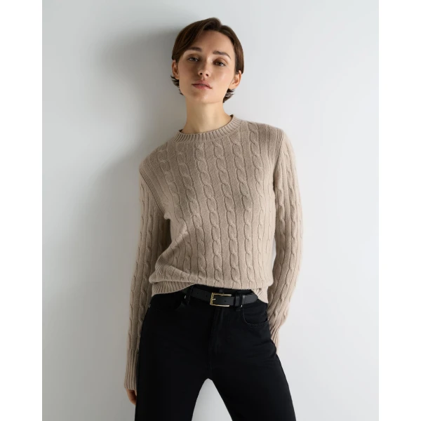 N.Peal Adelyn Cable Round Neck Cashmere Jumper in Cashew Brown