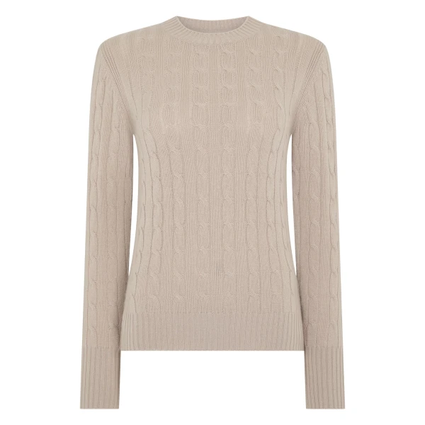 N.Peal Adelyn Cable Round Neck Cashmere Jumper in Cashew Brown | Sweaters | Coveti