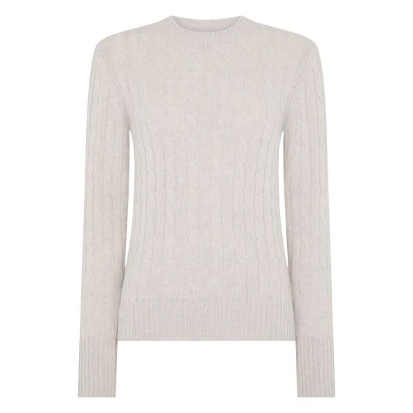 Adelyn Cable Round Neck Cashmere Jumper in Pebble Grey