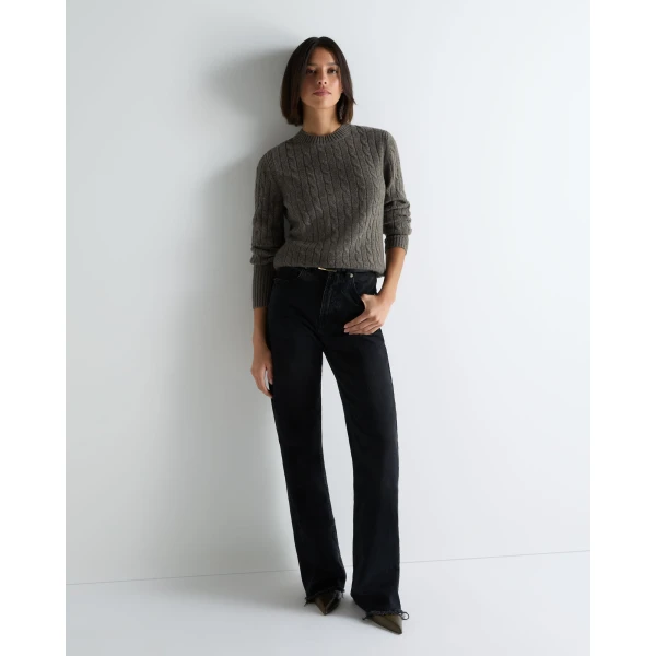 N.Peal Adelyn Cable Round Neck Cashmere Jumper in Wood Smoke Brown