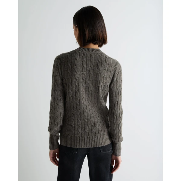 N.Peal Adelyn Cable Round Neck Cashmere Jumper in Wood Smoke Brown