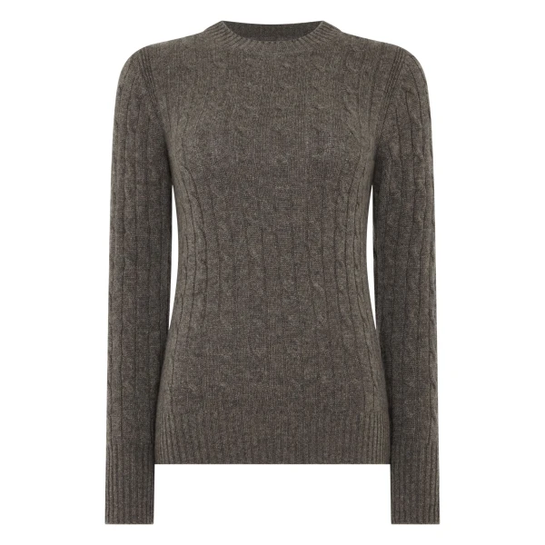 N.Peal Adelyn Cable Round Neck Cashmere Jumper in Wood Smoke Brown | Sweaters | Coveti