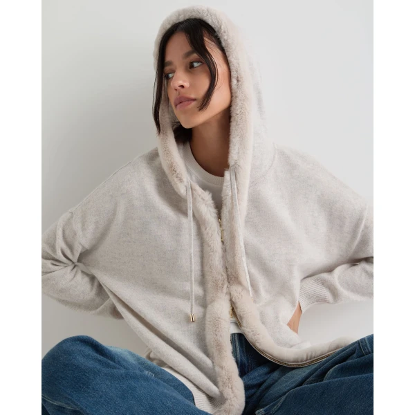 N.Peal Alicia Fur Trim Cashmere Hoodie in Pebble Grey