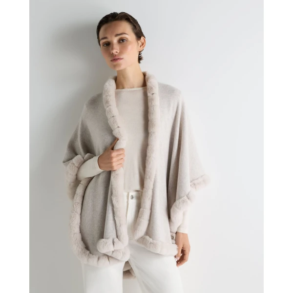 N.Peal Ayla Fur Trim Cashmere Cape in Pebble Grey
