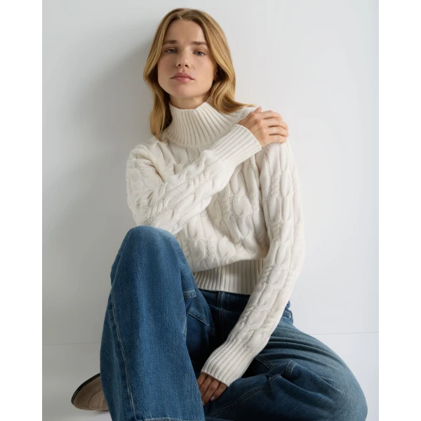 N.Peal Cable Knit Funnel Neck Cashmere Jumper in New Ivory White