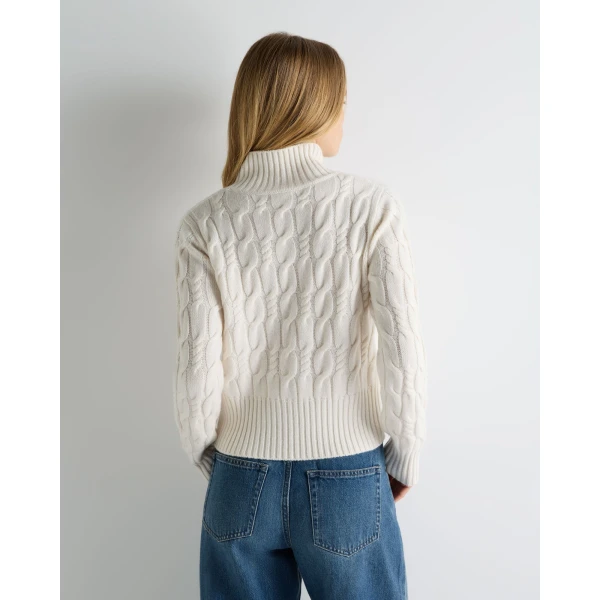 N.Peal Cable Knit Funnel Neck Cashmere Jumper in New Ivory White