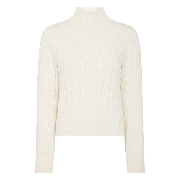 N.Peal Cable Knit Funnel Neck Cashmere Jumper in New Ivory White | Turtlenecks | Coveti