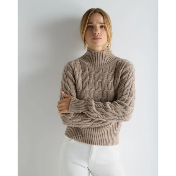 N.Peal Cable Knit Funnel Neck Cashmere Jumper in Oatmeal Brown
