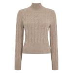 N.Peal Cable Knit Funnel Neck Cashmere Jumper in Oatmeal Brown | Turtlenecks | Coveti