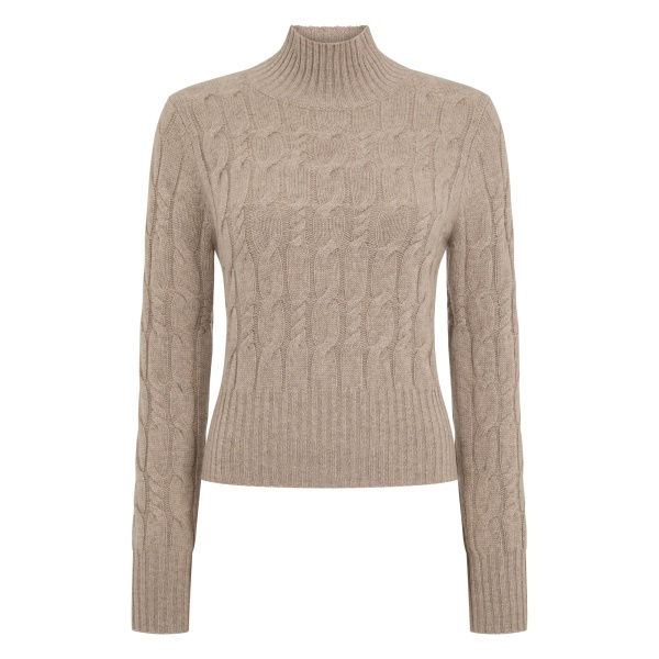 N.Peal Cable Knit Funnel Neck Cashmere Jumper in Oatmeal Brown | Turtlenecks | Coveti