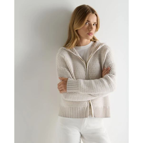 N.Peal Cashmere Chevron Cashmere Hoodie With Lurex in Frost White Sparkle