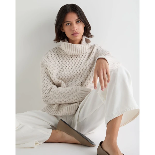 N.Peal Cashmere Chevron Roll Neck Cashmere Jumper With Lurex in Frost White Sparkle