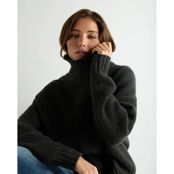N.Peal Chunky Funnel Neck Cashmere Jumper in Grey Moss Melange