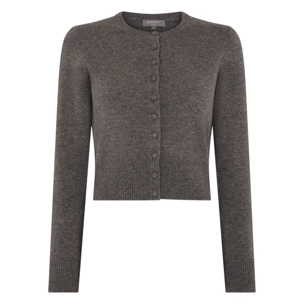 Covered Button Cashmere Cardigan in Wood Smoke Brown