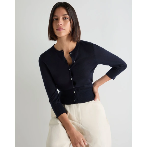 N.Peal Darcie Superfine Cashmere Cropped Cardigan in Navy Blue