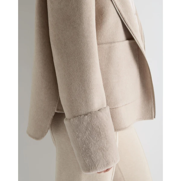 N.Peal Double Layer Jacket With Fur Trim in Beige Brown Dogtooth