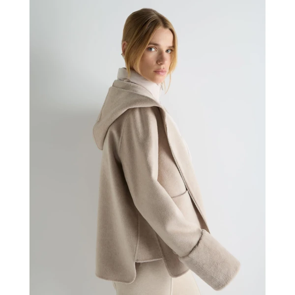 N.Peal Double Layer Jacket With Fur Trim in Beige Brown Dogtooth