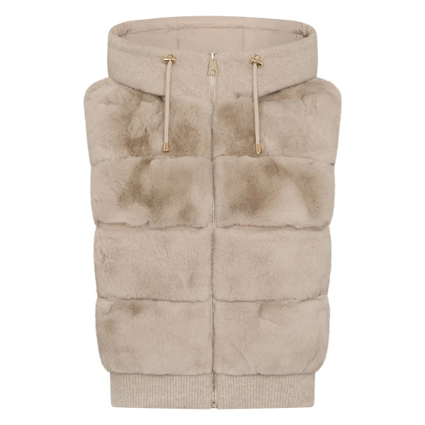 Down Gilet With Rex Fur in Beige Brown