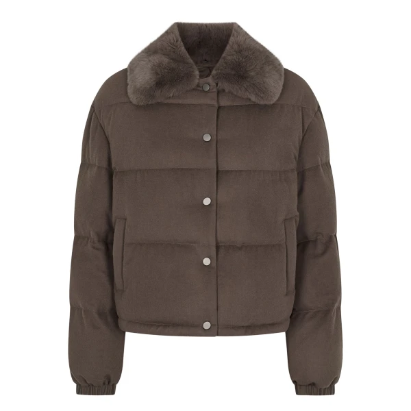 Down Rex Fur Puffer Jacket in Chocolate Brown