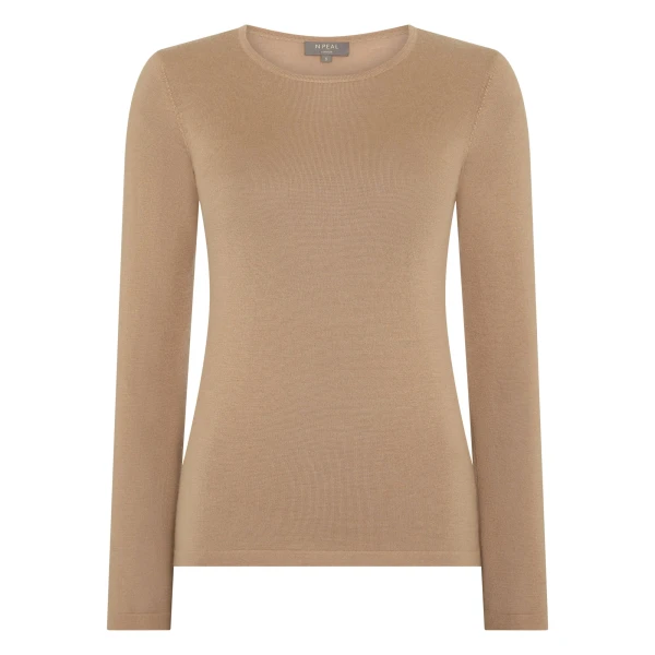 N.Peal Eden Superfine Cashmere Round Neck Top in Caramel Brown | Long Sleeve | Coveti
