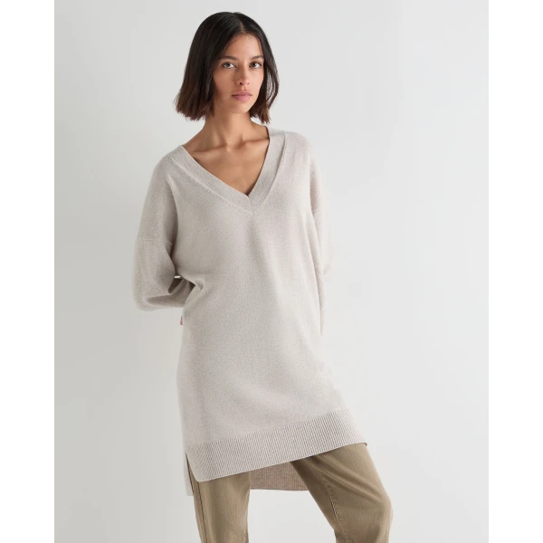 N.Peal Elise Long V Neck Cashmere Tunic in Pebble Grey