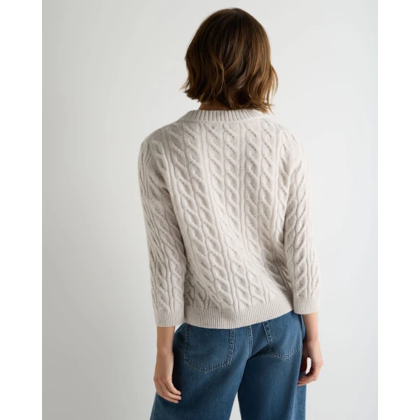 N.Peal Emilia Cable Round Neck Cashmere Jumper With Lurex in Frost White Sparkle