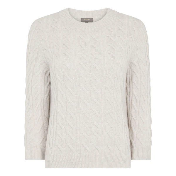 N.Peal Emilia Cable Round Neck Cashmere Jumper With Lurex in Frost White Sparkle | Sweaters | Coveti